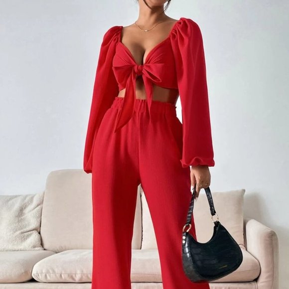 Coord Set Red Lantern long Sleeve Tie Front Crop Top & Wide Leg Pants - Picture 7 of 8